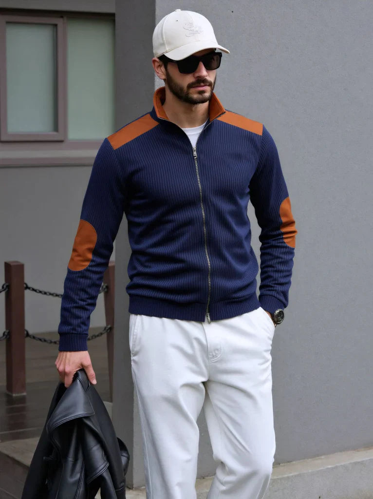 Contrast Yoke Full-Zip Knitted Sweater