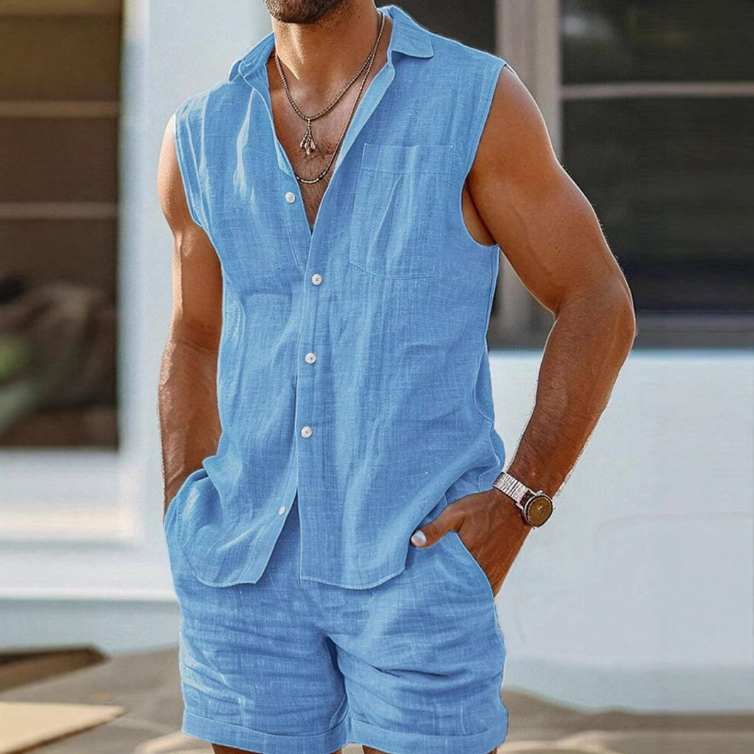 Men's set with sleeveless shirt and shorts – cotton linen – relaxed fit – button closure