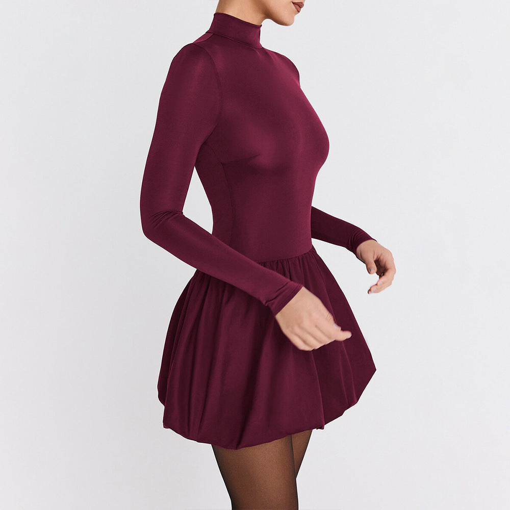 Dress for women – Slim fit mini dress – High neck – Long sleeves – A-line cut
