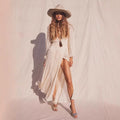 Women's Beach Dress – Light Cotton – Loose Fit – V-Neck – Long Sleeves – High Slit