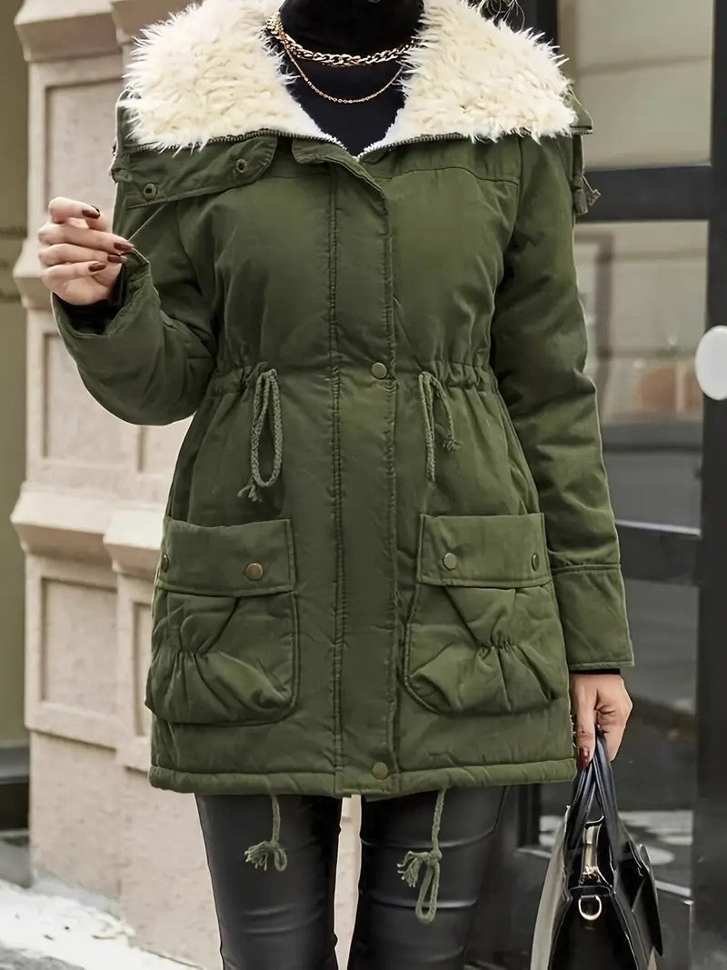 Faux Fur Hood Drawstring Waist Parka Jacket