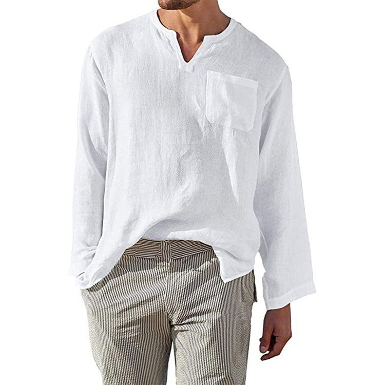 Linen-Cotton Blend Relaxed Mandarin Shirt