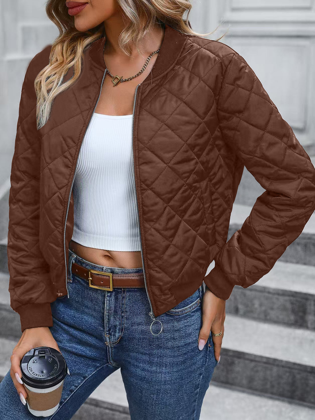 Diamond Quilted Relaxed Fit Bomber Jacket