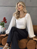 Women's Long-Sleeved Top – Slim Fit – Stretch Fabric – Square Neck – Puff Sleeves