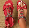Women's Sandals – Flat Sole – Bohemian Pearls – Toe Split Design – Padded Footbed