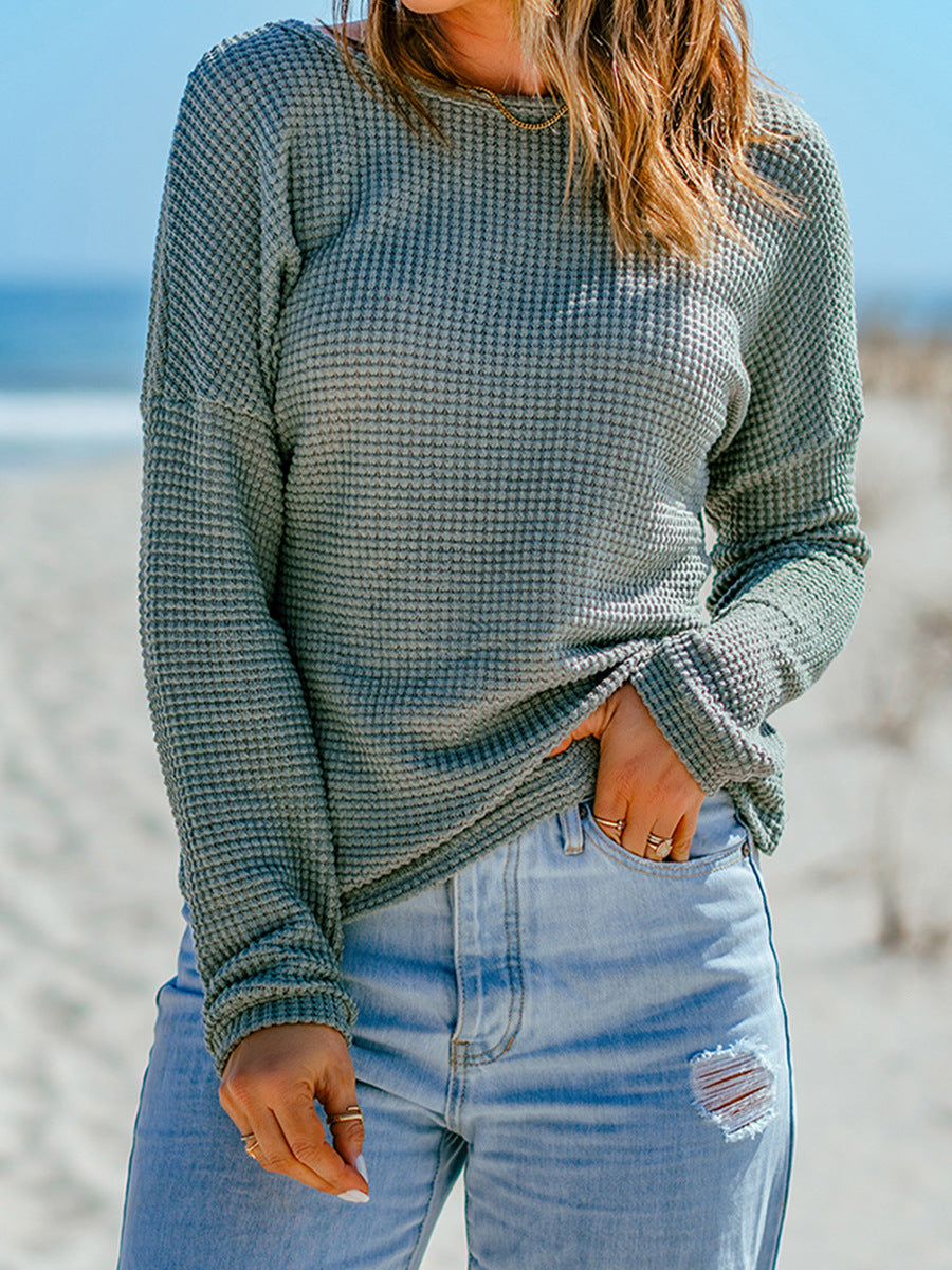 Waffle Knit Relaxed Fit Drop Shoulder Top