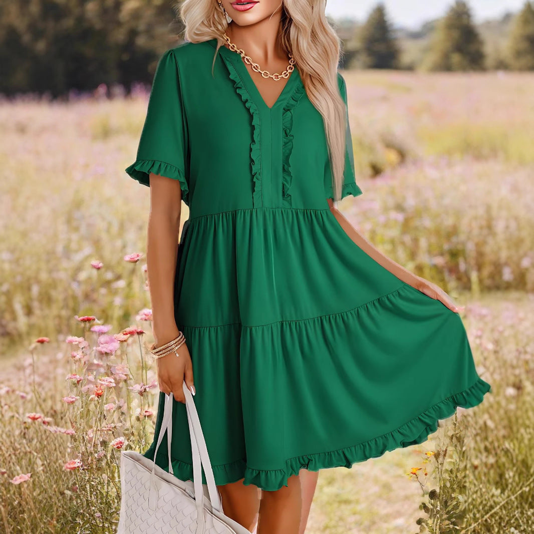 Women's Dress A-line – Relaxed Fit – V-neck – Ruffle Details – Short Sleeved – Layered