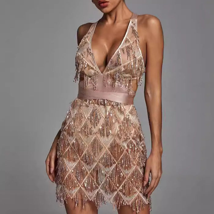 Deep V-Neck Sequin Fringe Midi Dress