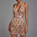 Women's Midi Dress – Fitted Silhouette – Deep V-Neckline – Sequin and Fringe Details