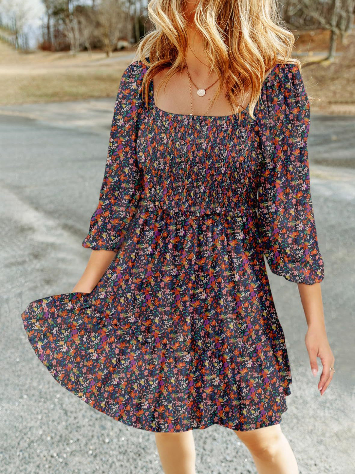 Women's Dress A-line – Lightweight Cotton – Shirred Bodice – Puff Sleeves – U-neck