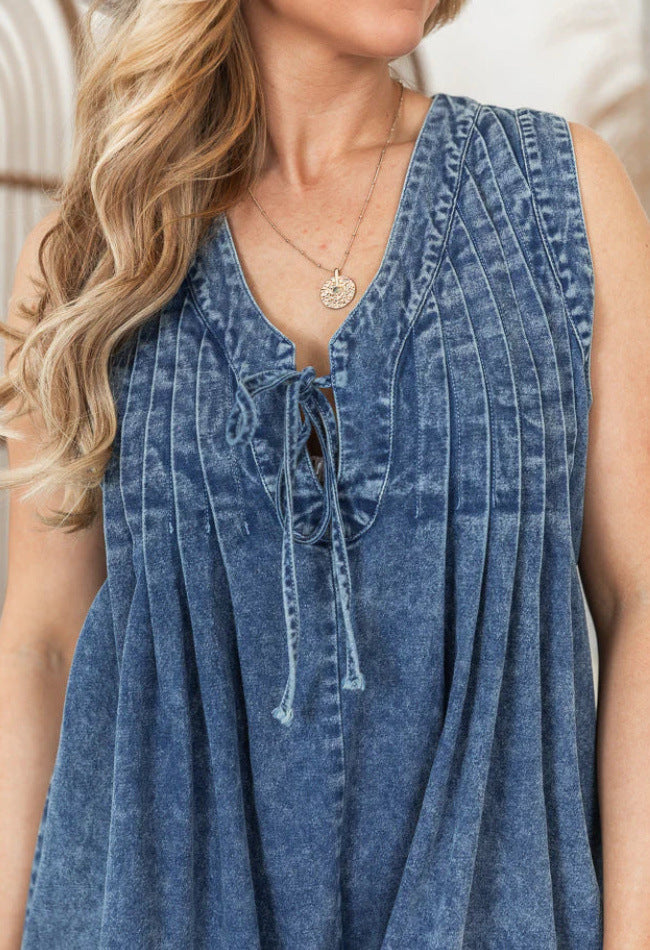 Women's Romper – Denim – Loose Fit – Sleeveless – Laced V-neck – Short Legs