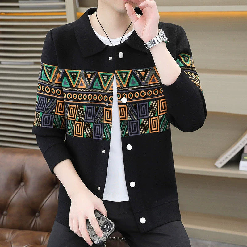 Geometric Pattern Knitted Slim Fit Jacket