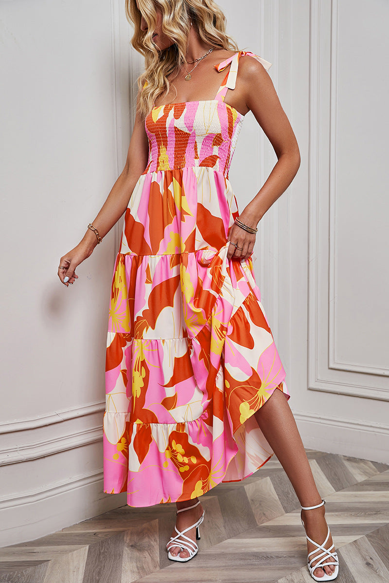 Women's Maxi Dress – Smocked Bodice – Tie Straps – A-line Cut – Tiered Skirt