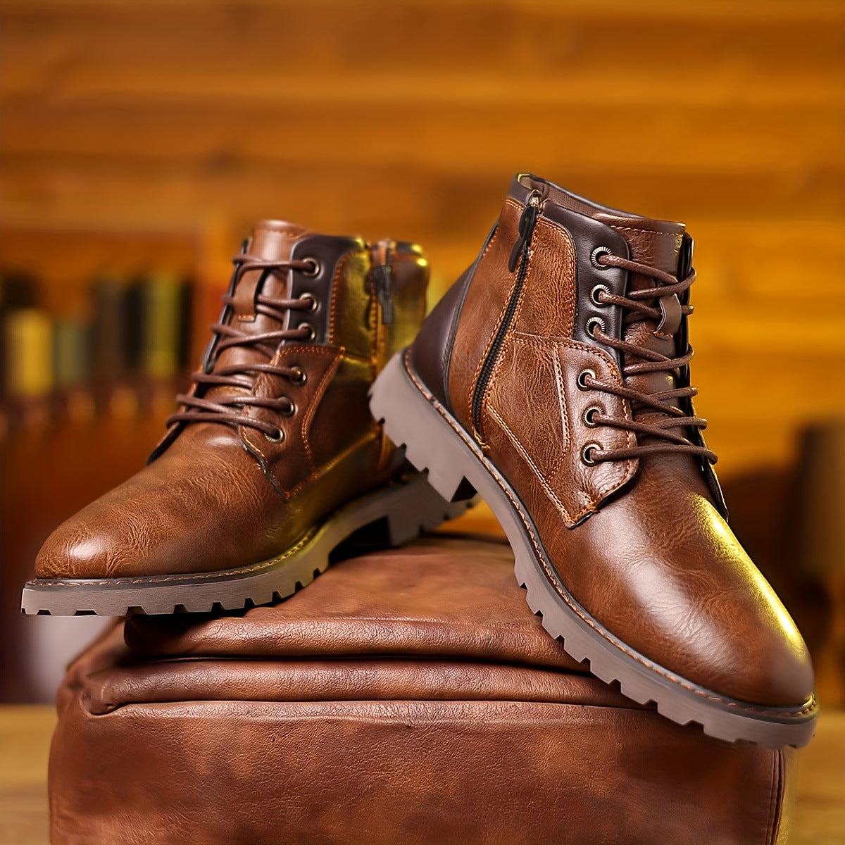 Mid-Calf Lace-Up Synthetic Leather Boot