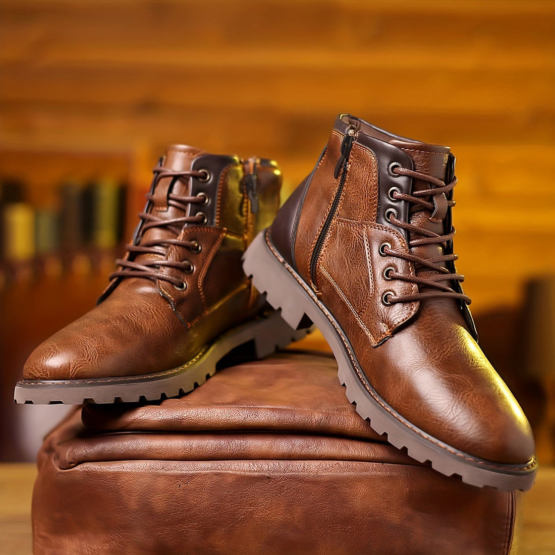 Mid-Calf Lace-Up Synthetic Leather Boot