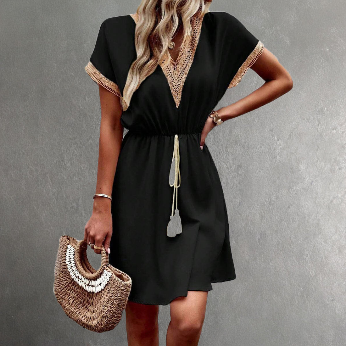 V-Neck Lace Trim Flowy Mini Dress