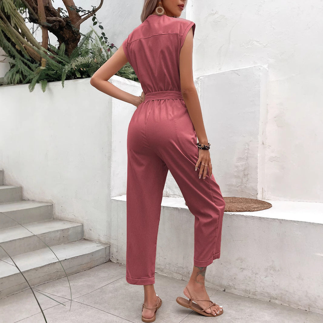 Women's Jumpsuit – Sleeveless – V-neck – Relaxed Fit – Tie Belt – Button Closure