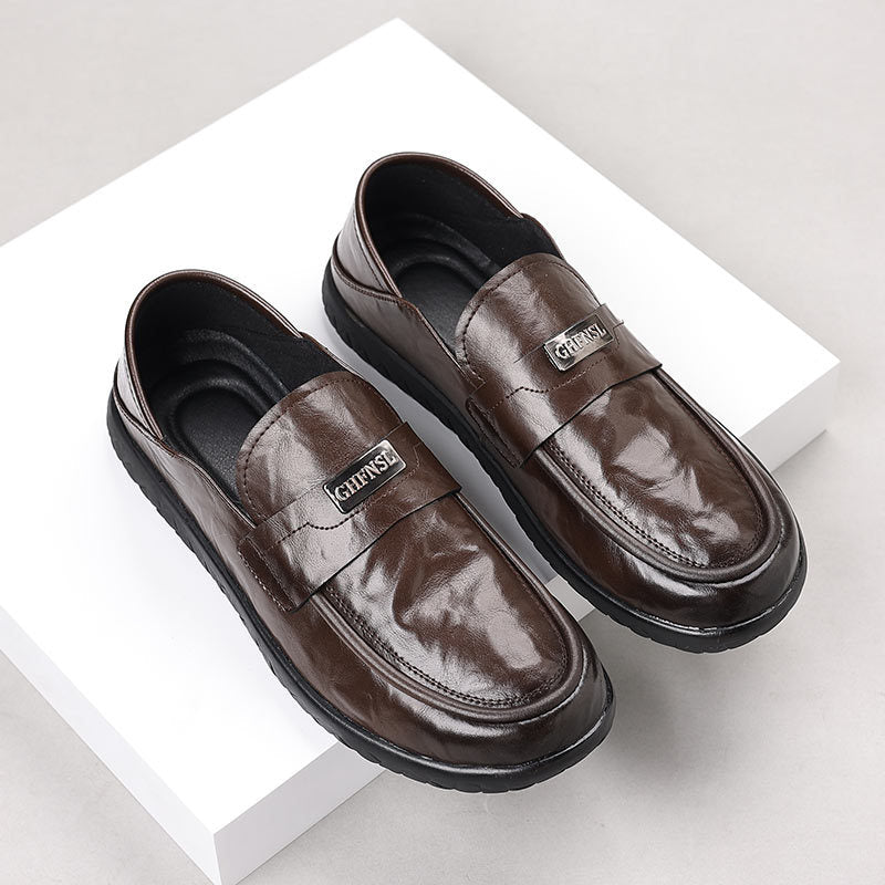 Men's Loafers – Polished Leather – Slip-On Fit – Decorative Strap with Metal – Rubber Sole