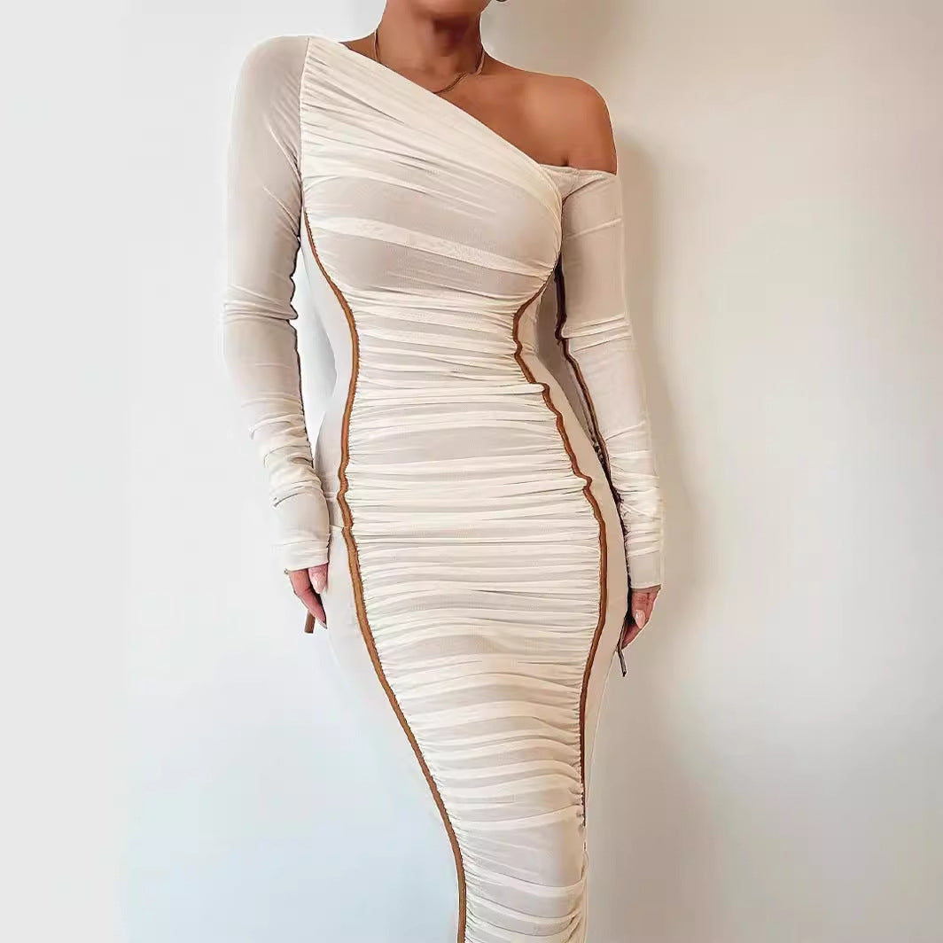 Women's Bodycon Dress – Asymmetric One Shoulder – Long Sleeve – Tailored Elegance