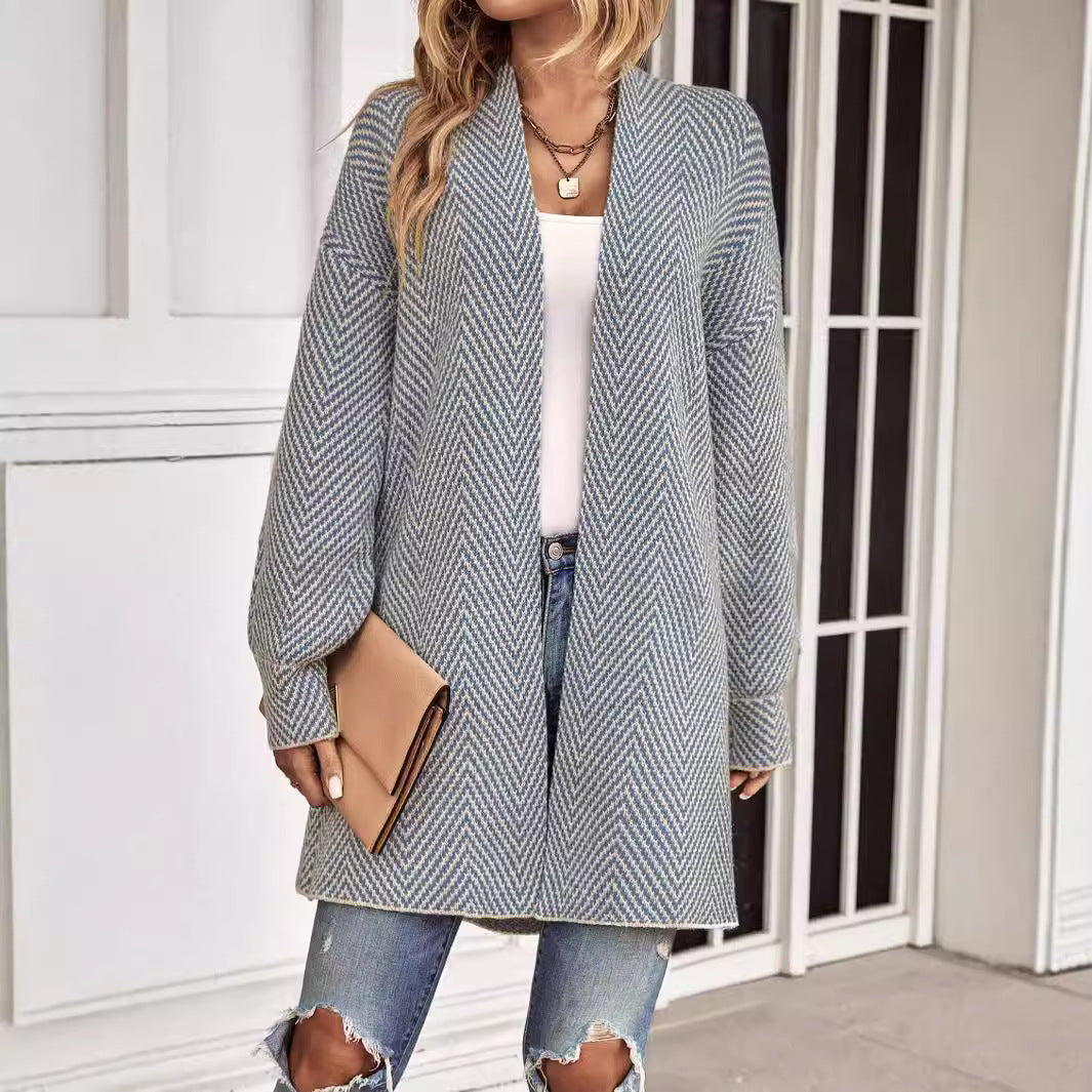 Knit Herringbone Pattern Open Front Cardigan