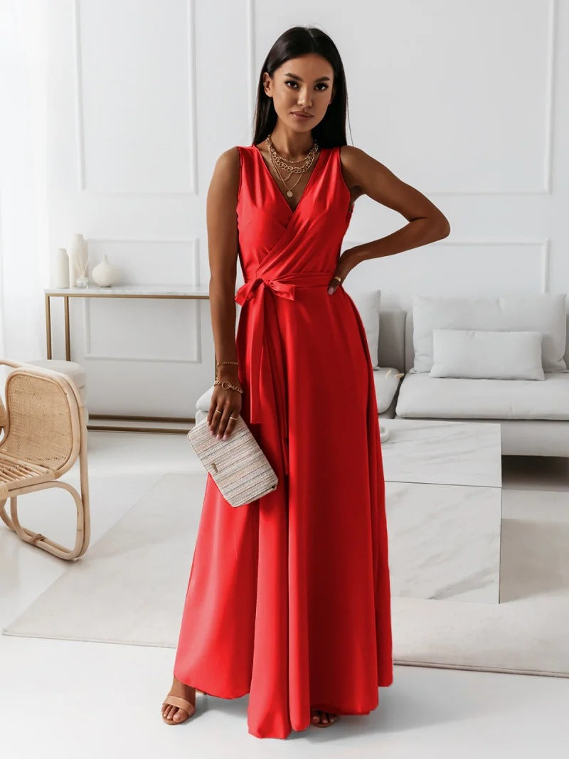 Women's Maxi Dress - Sleeveless V-neck - Wrap Design with Belt - Elegant and Flowy