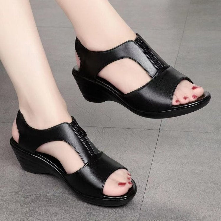Women's Wedge Sandals – Open Toe – Zipper – Breathable Faux Leather – Comfort Fit