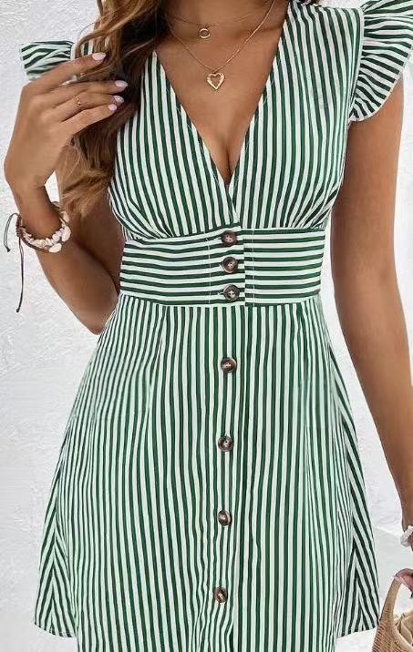 Women's Dress – A-line Cut – V-neckline – Ruffle Sleeves – Button Closure – Striped