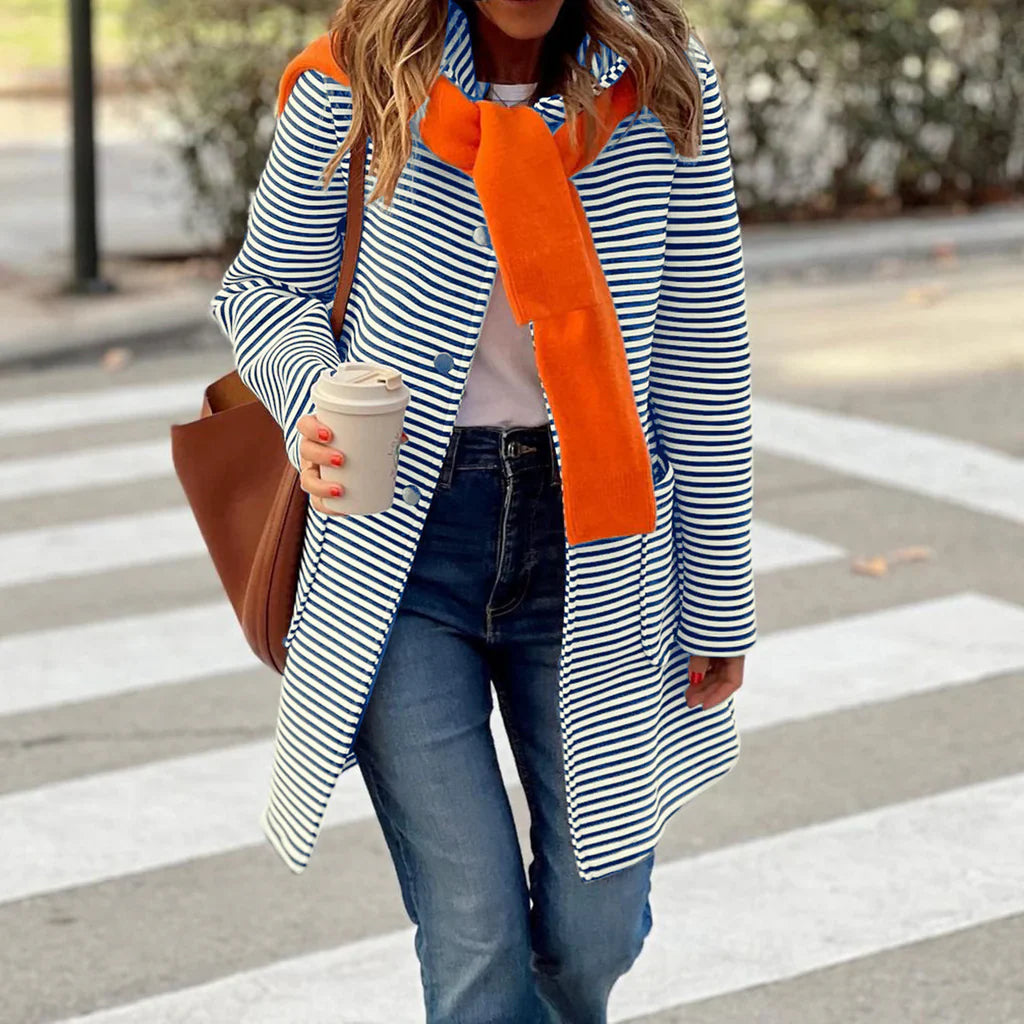 Striped Relaxed Fit Double-Breasted Trench Coat