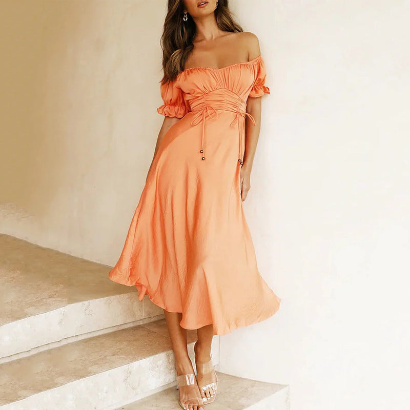 Dame Midi Kjole – A-Line Pasform – Off Shoulder – Rynket Talje – Ruffle Ærmer