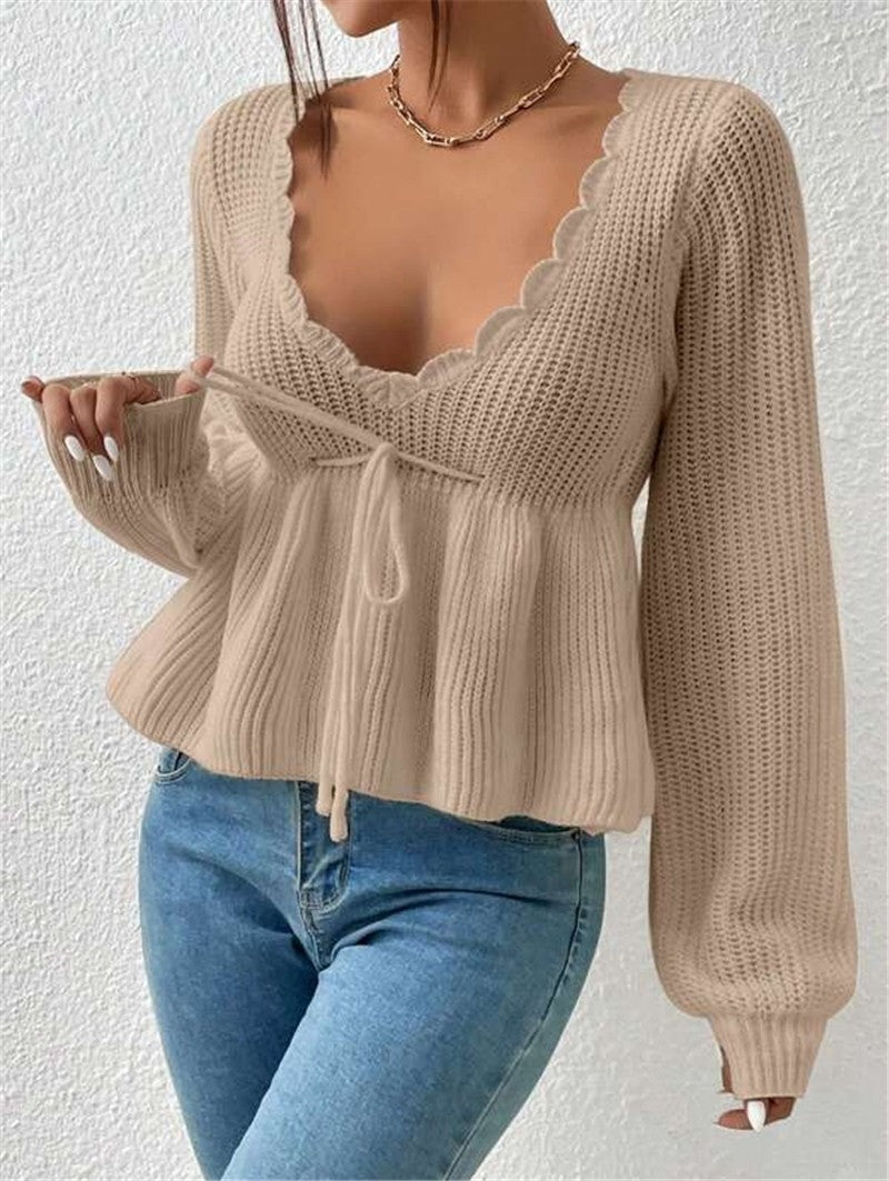 Relaxed Fit Ruffled Hem Pullover Sweater