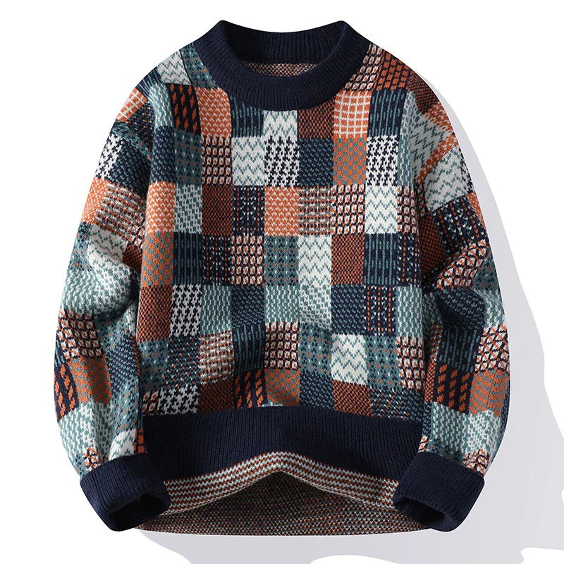 Checkerboard Patchwork Wool Pullover Sweater
