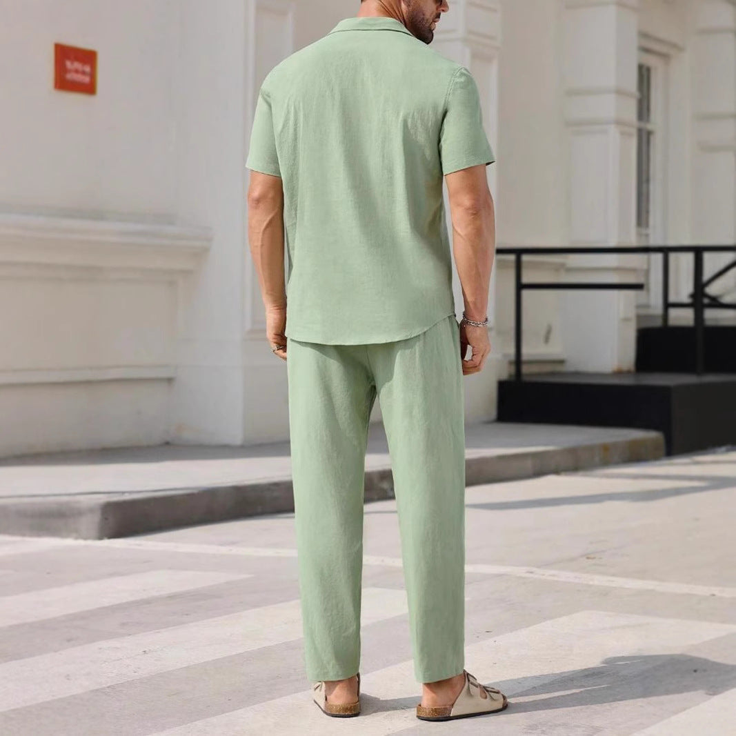 Men's Set with Short-Sleeved Shirt and Pants – Relaxed Fit – Cotton Linen Blend