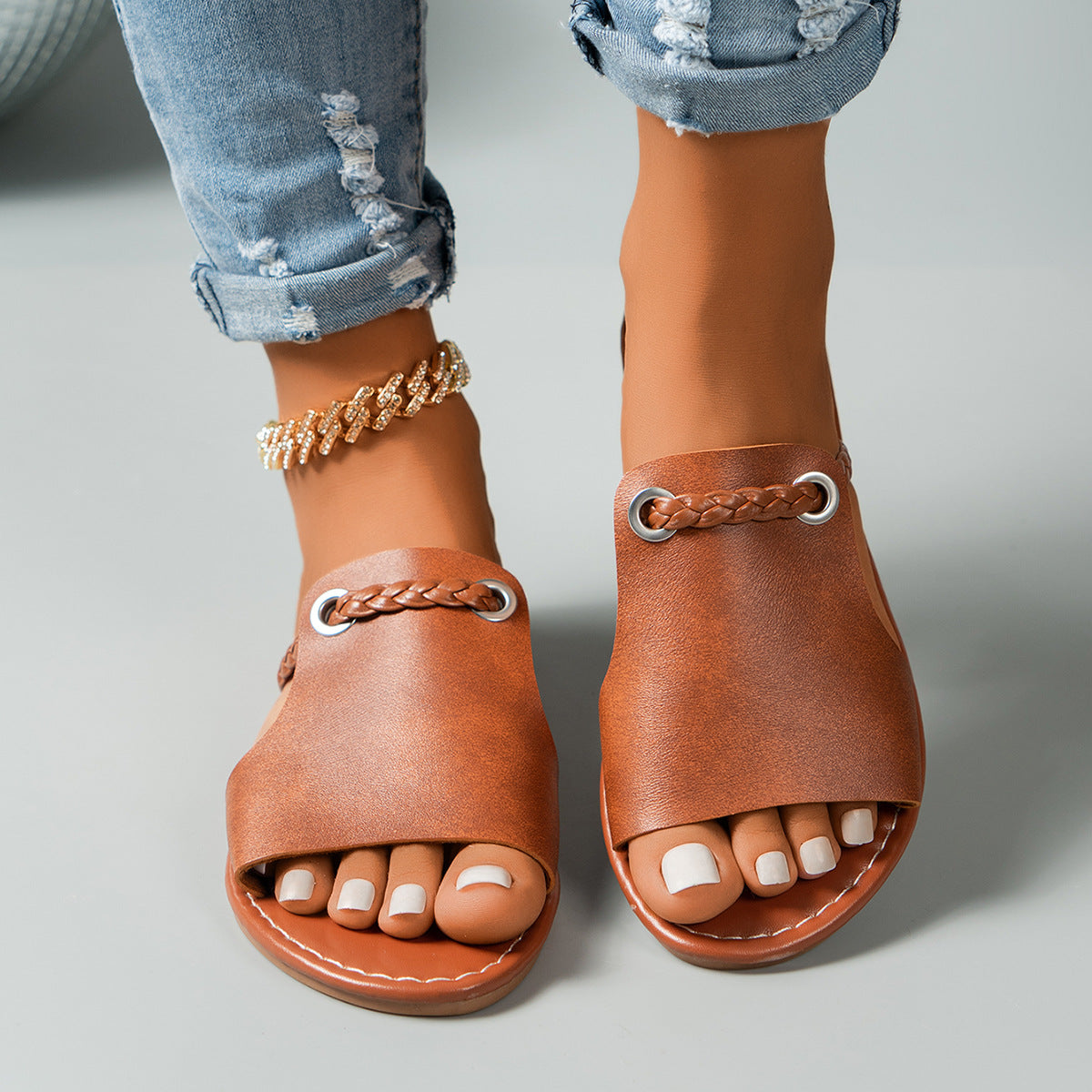 Dame Sandaler – Flad Hæl – Flettet Rem – Polstret Sål – Slip-On Komfort
