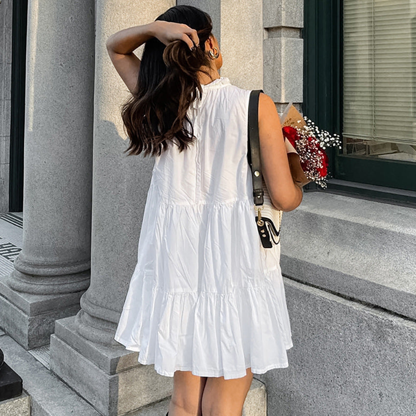 Women's A-line dress – Sleeveless loose fit – Ruffle edge – Light cotton