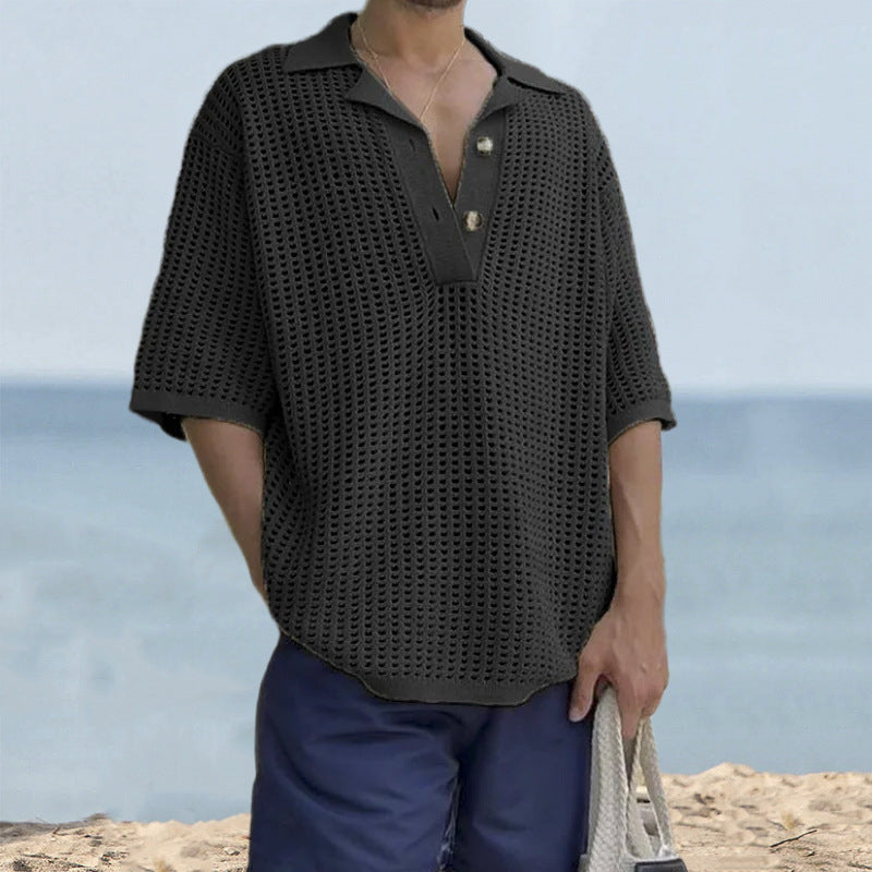 Men's Knit Sweater – Oversize Fit – Open Knit – Short Sleeves – Notch Collar
