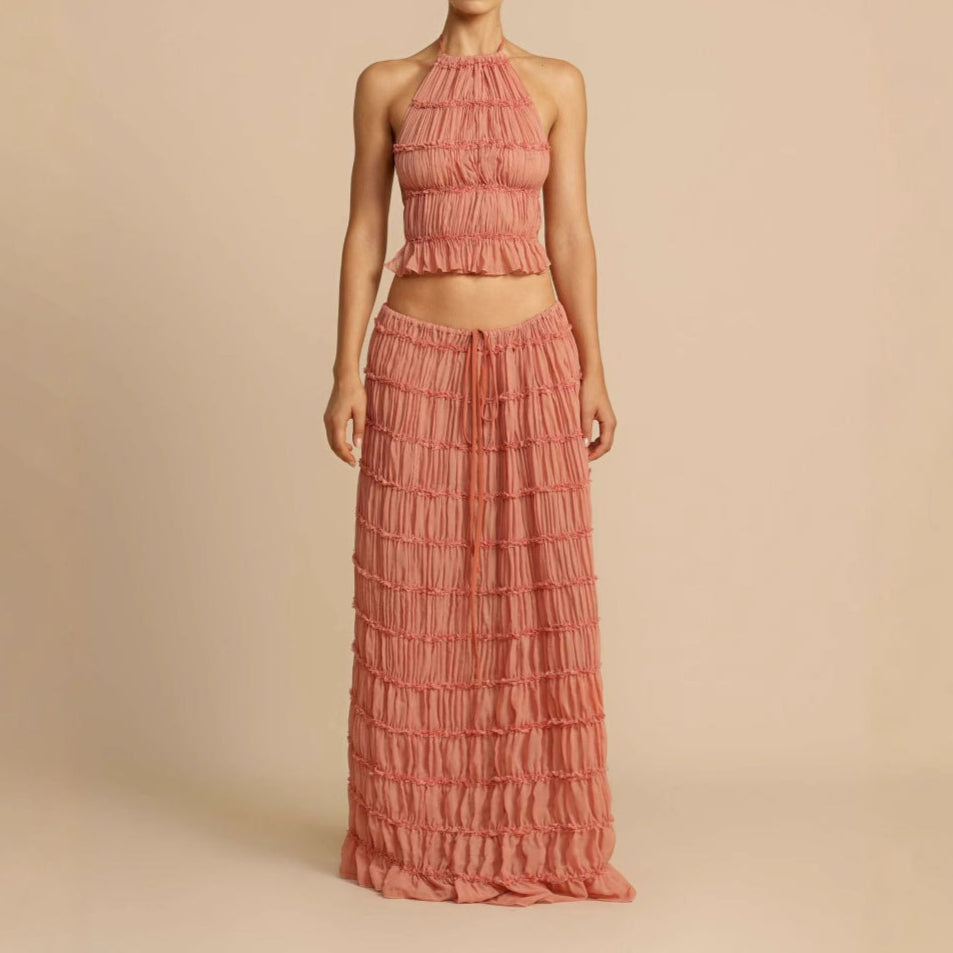 Ruched Halter Elastic Waist Maxi Two-Piece Set