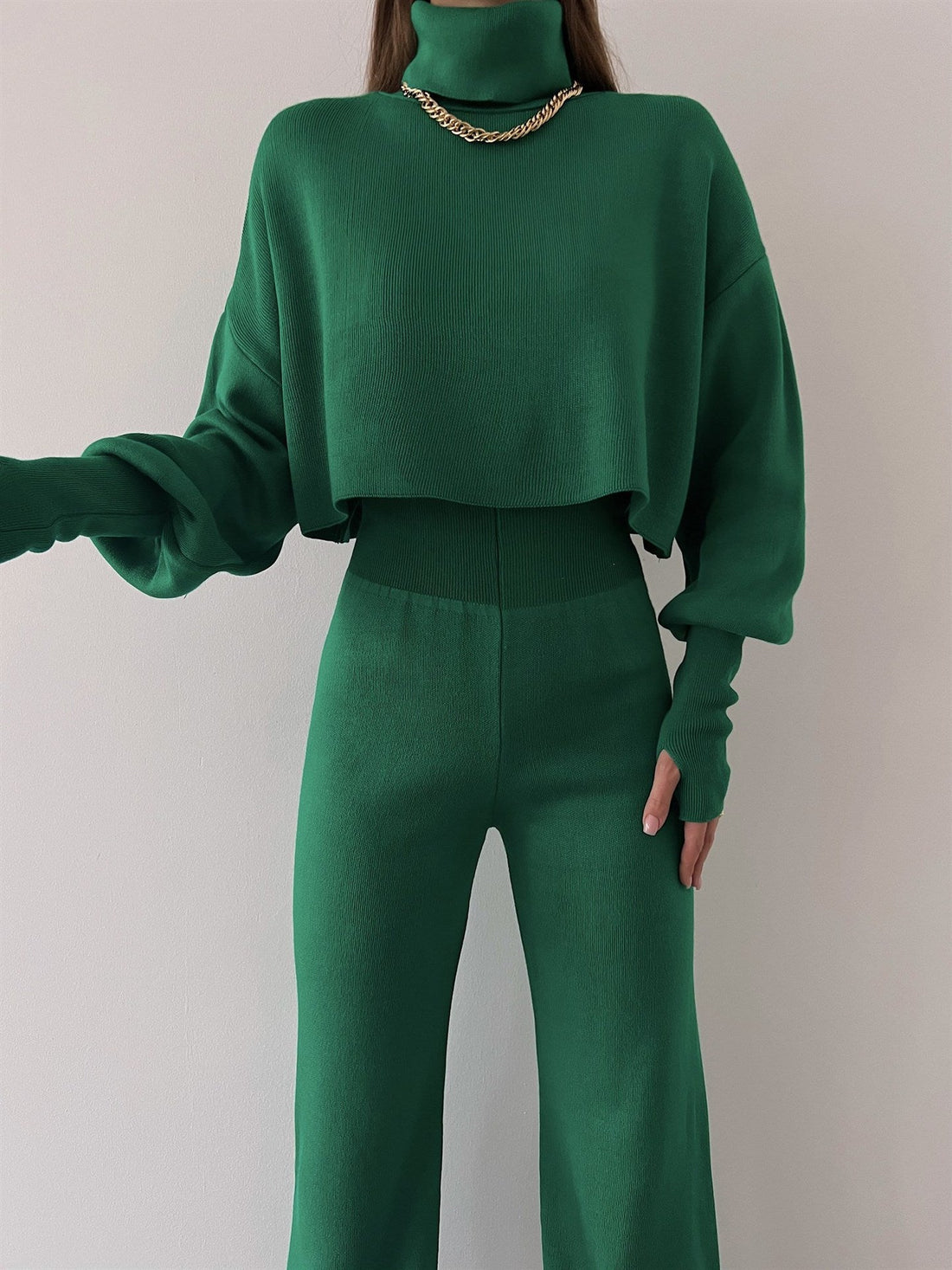 Ribbed Knit Cropped Wide-Leg Two-Piece Set