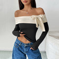Women's Crop Top – Slim Fit – Off-Shoulder – Long Sleeves – Stretch Fabric – Bow Detail