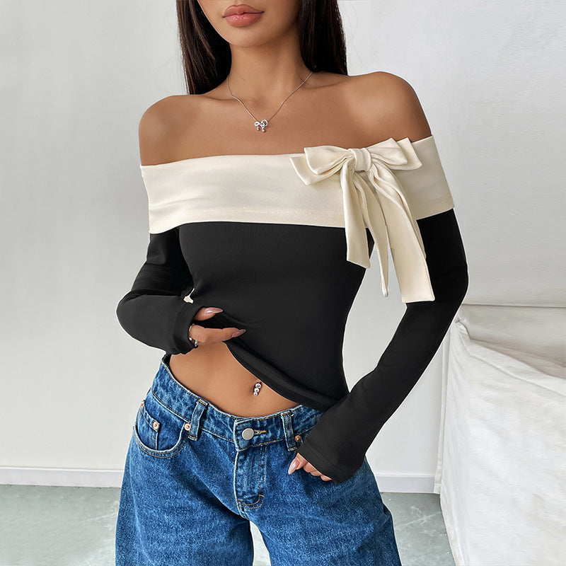 Women's Crop Top – Slim Fit – Off-Shoulder – Long Sleeves – Stretch Fabric – Bow Detail