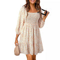Women's Dress A-line – Lightweight Cotton – Shirred Bodice – Puff Sleeves – U-neck