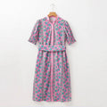 Dress for women – Midi – Floral pattern – High waist – Puff sleeves – Belt – Button closure