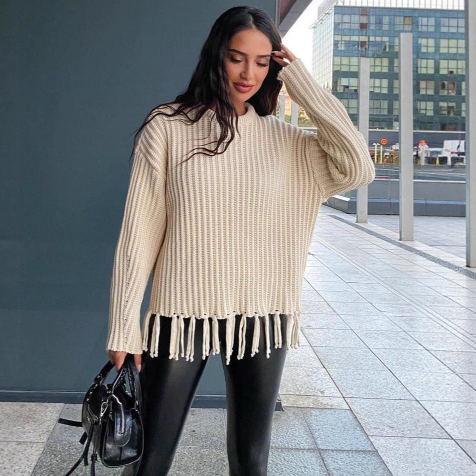 Oversized Chunky Wool Fringe Hem Sweater