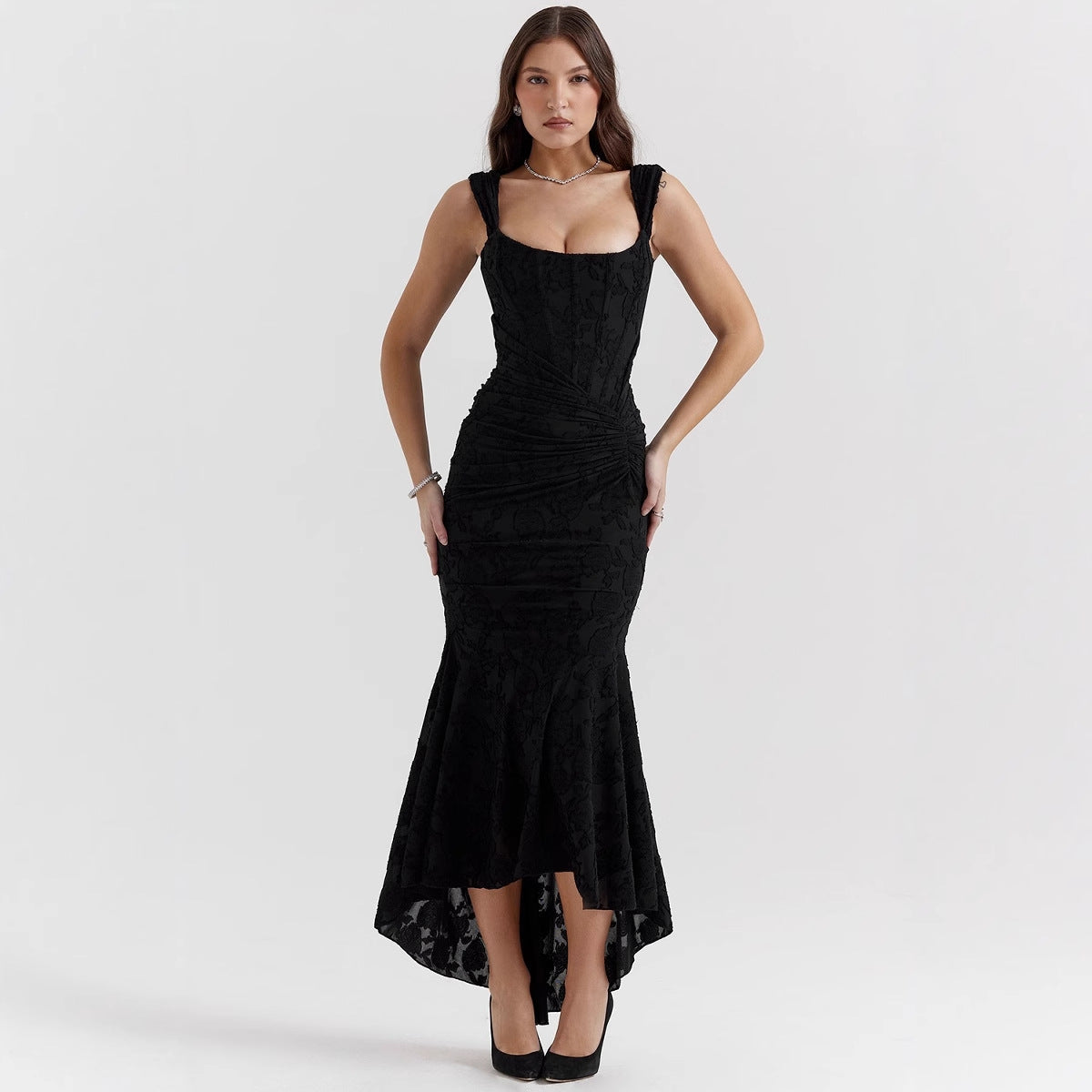 Dress for women – Evening dress in mermaid cut – Satin look – One shoulder – Ruched waist
