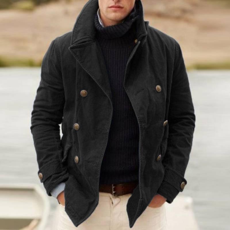 Men's Jacket – Heavy Cotton – Slim Fit – Double Breasted – High Collar – Mid-Length