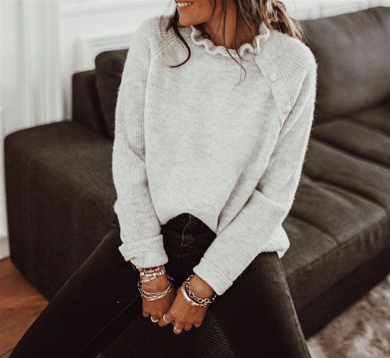 Wool Blend Relaxed Fit Ruffled Neckline Sweater
