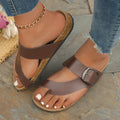 Women's Sandals – Slip-on Flat Sole – Cork Footbed – Adjustable Metal Buckle