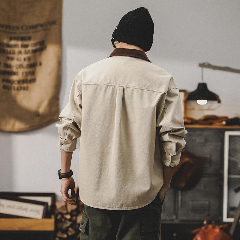 Men's Work Jacket – Loose Fit – Canvas – Button Closure – Chest Pockets – Contrast Collar