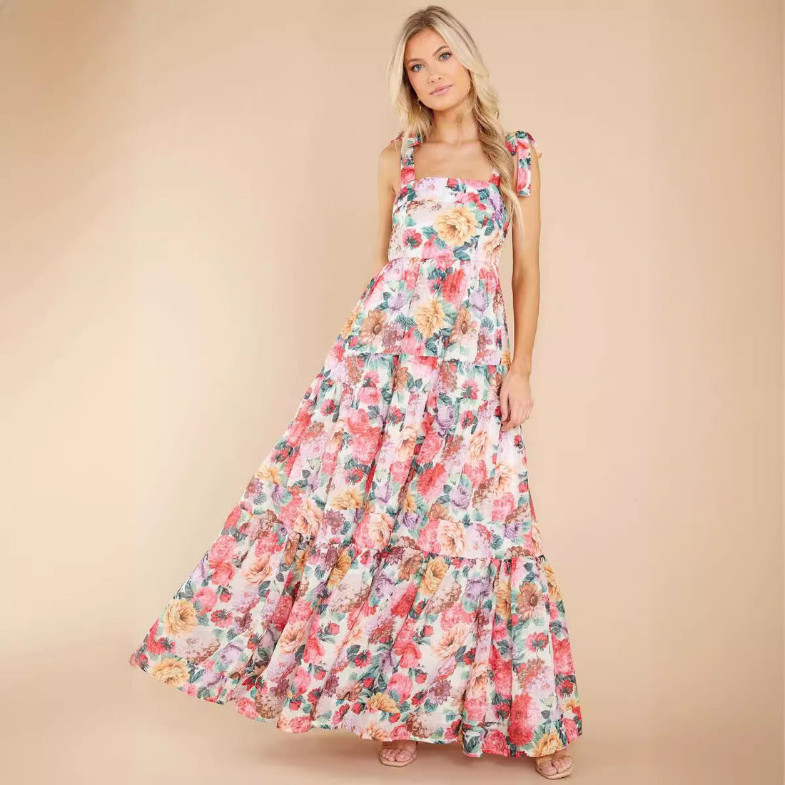 Dame Maxi Kjole – Ærmeløs – En Skulder – Blomsterprint – Lagdelt Skørt – Bomuldsblanding