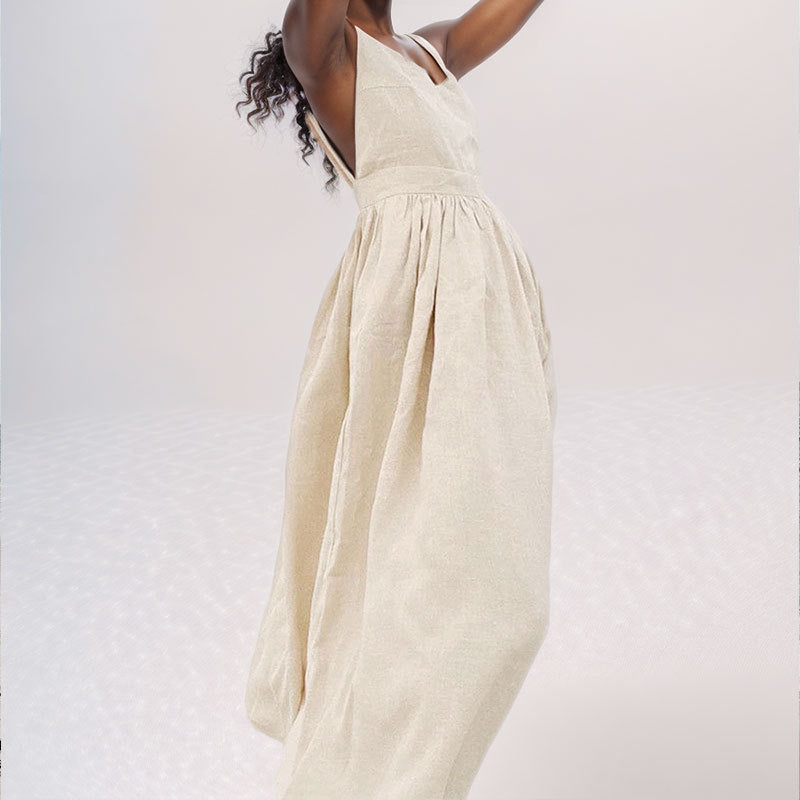 Dress for Women – Midi – Light and Breathable – V-Neckline – Open Back – Slit – Adjustable Straps