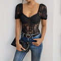 Women's Bodysuit – Lace Flower Pattern – Tailored – Puff Sleeves and Square Neckline
